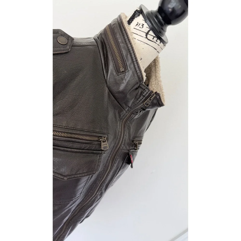 Levis Mens Faux Leather Sherpa Lined Bomber Jacket‎ Dark Brown Military Large